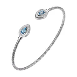 Charles Garnier Charles Garnier Sterling Silver 2mm Mesh Cuff With Blue Topaz And CZ Stone Size 6x4mm Rhodium Finish