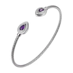 Charles Garnier Charles Garnier Sterling Silver 2mm Mesh Cuff With Africa Amethyst And CZ Stone Size 6x4mm Rhodium Finish