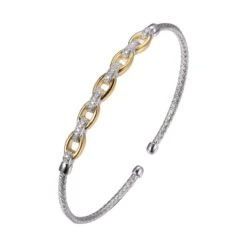 Charles Garnier Charles Garnier Sterling Silver 2mm Mesh Cuff With CZ 2 Tone Rhodium And 18K Yellow Gold Finish