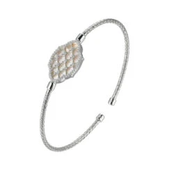 Charles Garnier Charles Garnier Sterling Silver 2mm Mesh Cuff With Mother Of Pearl And CZ Rhodium Finish
