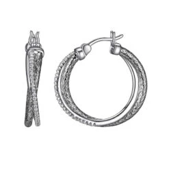 Charles Garnier Charles Garnier Sterling Silver 2mm Mesh With CZ Hoop Earrings Approximate Round 25mm Rhodium Finish