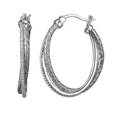 Charles Garnier Charles Garnier Sterling Silver 2mm Mesh With CZ Hoop Earrings Oval Approximate3 X 2mm Rhodium Finish