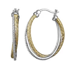 Charles Garnier Charles Garnier Sterling Silver 2mm Mesh With CZ Hoop Earrings Oval Approximate 3 X 2mm 2 Tone
