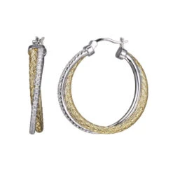 Charles Garnier Charles Garnier Sterling Silver 3mm Mesh With CZ Hoop Earrings Round Approximate 35mm 2 Tone
