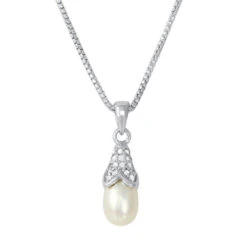 Charles Garnier Charles Garnier Sterling Silver Necklace With Freshwater Pearl And CZ 17''+2'' Rhodium Finish