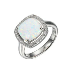 Charles Garnier Charles Garnier Sterling Silver Ring With Synthetic Opal And CZ Size 6 Rhodium Finish
