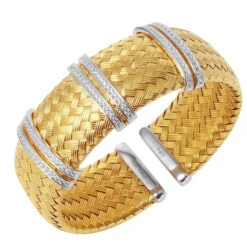 Charles Garnier Charles Garnier Sterling Silver 23mm Mesh Cuff With CZ 2 Tone 18K Yellow Gold And Rhodium Finish