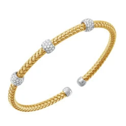 Charles Garnier Charles Garnier Sterling Silver 4mm Mesh Cuff With CZ 2 Tone 18K Yellow Gold And Rhodium Finish