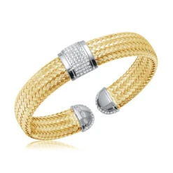 Charles Garnier Charles Garnier Sterling Silver 12mm Mesh Cuff With CZ Reversible 2 Tone