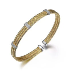 Charles Garnier Charles Garnier Sterling Silver Triple 2mm Mesh Cuff With CZ 2 Tone 18K Yellow Gold And Rhodium Finish