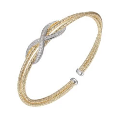 Charles Garnier Charles Garnier Sterling Silver Double 2mm Mesh Cuff With CZ 2 Tone 18K Yellow Gold And Rhodium Finish