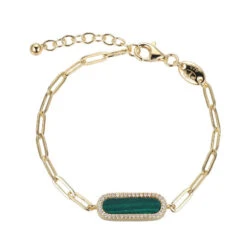 Charles Garnier Charles Garnier Sterling Silver Bracelet Made With Paperclip Chain (3mm) And Malachite (Paperclip Shape 17X5mm) And CZ In Center