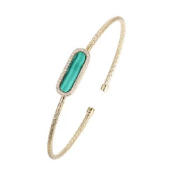 Charles Garnier Charles Garnier Sterling Silver 2mm Mesh Cuff With Malachite (Paperclip Shape 17X5mm) And CZ Circumference 6.75'' 18K Yellow Gold Finish