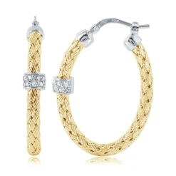 Charles Garnier Charles Garnier Sterling Silver 3mm Mesh Earrings With CZ Oval Approximate 3X22mm 2 Tone