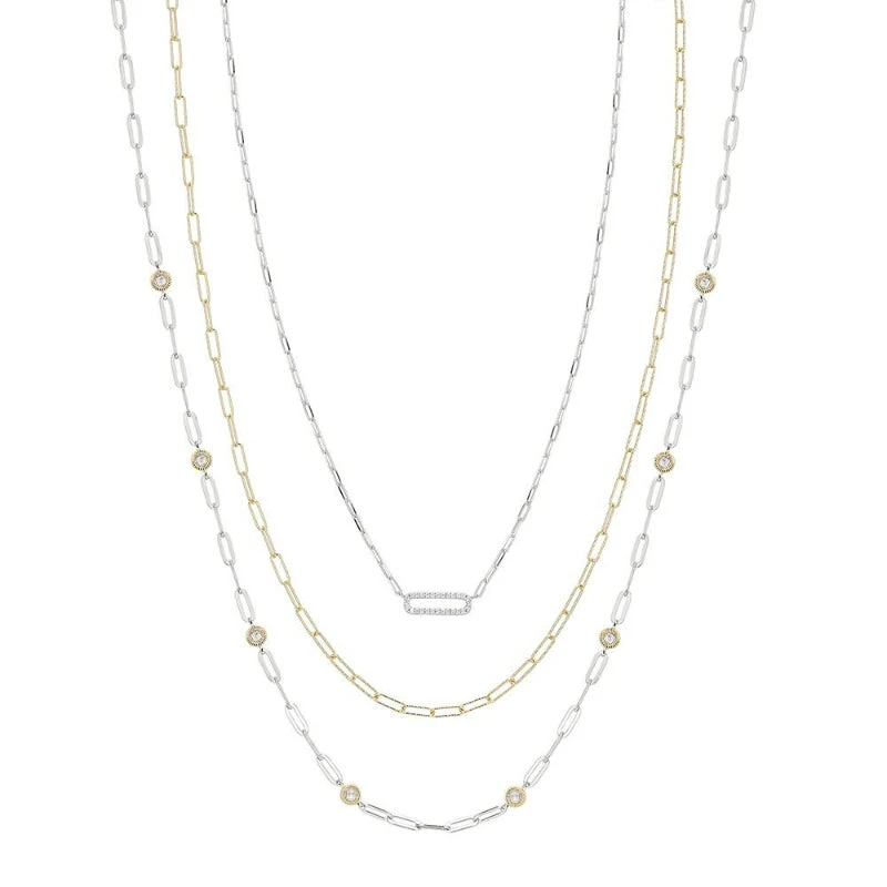 Charles Garnier Charles Garnier Sterling Silver 3 Layered Necklace Made With Paperclip Chain And CZ Measures 17'' 19'' And 21'' Long
