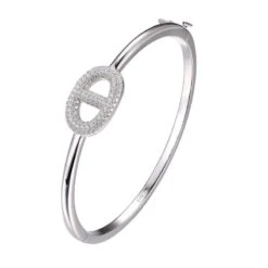 Charles Garnier Charles Garnier Sterling Silver Hinged Bangle With CZ Marina Motif (22x14mm) Rhodium Finish