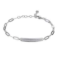 Charles Garnier Charles Garnier Sterling Silver Bracelet Made With Paperclip Chain (3mm) And Pave CZ Bar (28x4mm) In Center