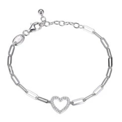 Charles Garnier Charles Garnier Sterling Silver Bracelet Made With Paperclip Chain (3mm) And CZ Open Heart (12x12mm) In Center