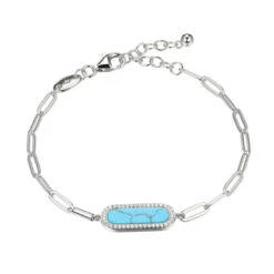 Charles Garnier Charles Garnier Sterling Silver Bracelet Made With Paperclip Chain (3mm) And Synthetic Turquoise With CZ (18x6mm) In Center