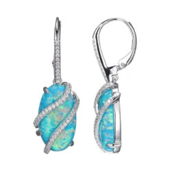 Charles Garnier Charles Garnier Sterling Silver Earrings With Synthetic Blue Opals (Stone Size 18x1mm) And CZ Rhodium Finish