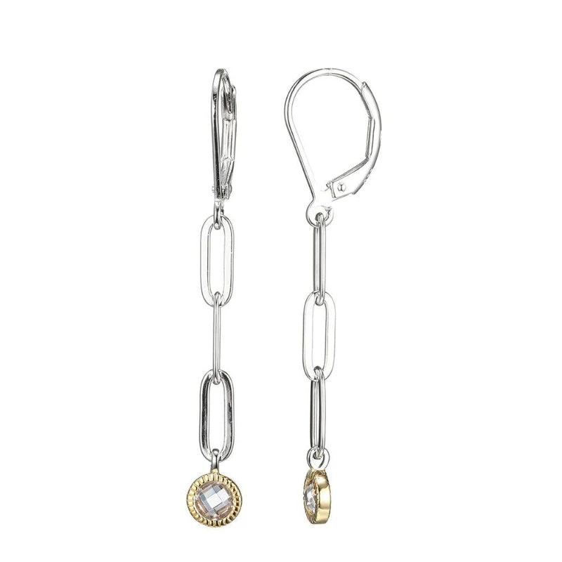 Charles Garnier Charles Garnier Sterling Silver Drop Earrings Made With Paperclip Chain (3mm) And 2 CZ (4mm) Level Back 2 Tone