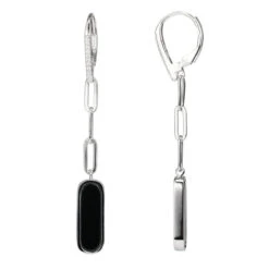 Charles Garnier Charles Garnier Sterling Silver Earrings Made With Paperclip Chain (3mm) And Black Onyx (17x5mm) CZ Lever Back Rhodium Finish