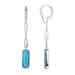 Charles Garnier Charles Garnier Sterling Silver Earrings Made With Paperclip Chain (3mm) And Synthetic Turquoise (17x5mm) CZ Lever Back Rhodium Finish