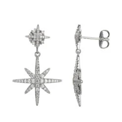 Charles Garnier Charles Garnier Sterling Silver Earrings With CZ Double Starburst Motif Post Back Rhodium Finish