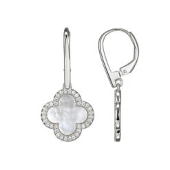 Charles Garnier Charles Garnier Sterling Silver Earrings With Clover Mother Of Pearl (12X12mm) And CZ CZ Lever Back Rhodium Finish
