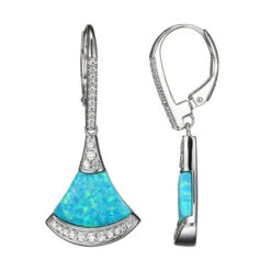 Charles Garnier Charles Garnier Sterling Silver Earrings With Fan Shape Synthetic Blue Opal (13x9x2mm) And CZLever Back Rhodium Finish