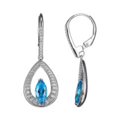 Charles Garnier Charles Garnier Sterling Silver Earrings With Blue Topaz Color CZ (Marquise Shape 9X4.5mm) Lever Back Rhodium Finish