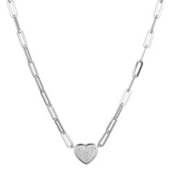 Charles Garnier Charles Garnier Sterling Silver Necklace Made With Paperclip Chain (3mm) And Pave CZ Heart (12x11mm) In Center