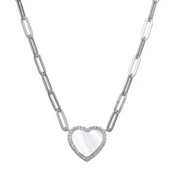 Charles Garnier Charles Garnier Sterling Silver Necklace Made With Paperclip Chain (3mm) And 15mm Mother Of Pearl Heart With CZ