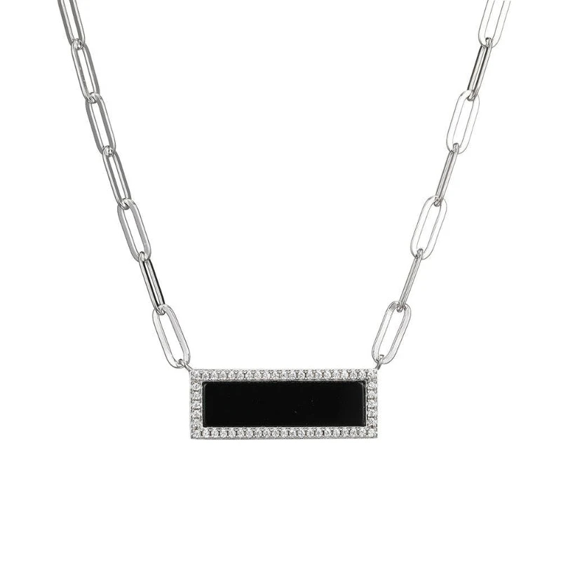Charles Garnier Charles Garnier Sterling Silver Necklace Made With Paperclip Chain (3mm) And Black Onyx With CZ (24x8mm) In Center