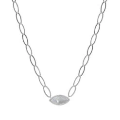 Charles Garnier Charles Garnier Sterling Silver Necklace Made Of Marquise Chain (8mm) And White Mother Of Pearl With CZ (2x9x1mm) In Center