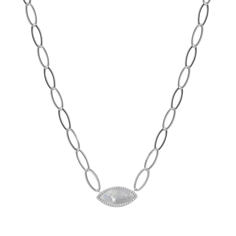 Charles Garnier Charles Garnier Sterling Silver Necklace Made Of Marquise Chain (8mm) And White Mother Of Pearl With CZ (2x9x1mm) In Center