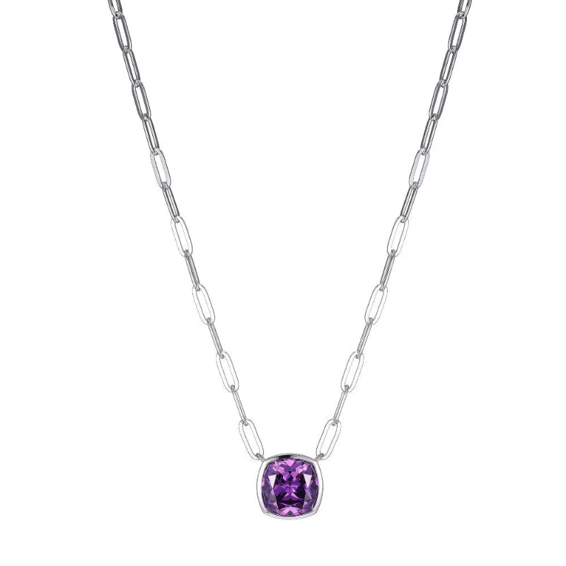 Charles Garnier Charles Garnier Sterling Silver Necklace With Amethyst Color CZ (Cushion Shape 12X12mm) On 3mm Paperclip Chain