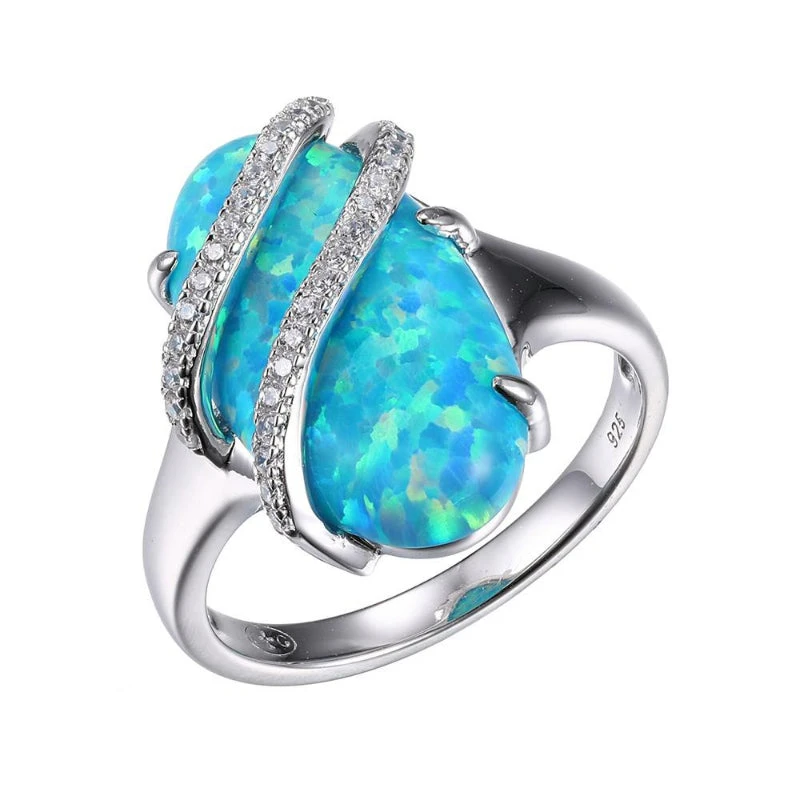 Charles Garnier Charles Garnier Sterling Silver Ring With Synthetic Blue Opal (Stone Size 18x1mm) And CZ Size 6 Rhodium Finish