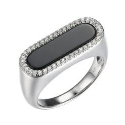 Charles Garnier Charles Garnier Sterling Silver Ring With Black Onyx (17x5mm) And CZ Size 6 Rhodium Finish