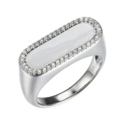 Charles Garnier Charles Garnier Sterling Silver Ring With White Mother Of Pearl (17x5mm) And CZ Size 6 Rhodium Finish