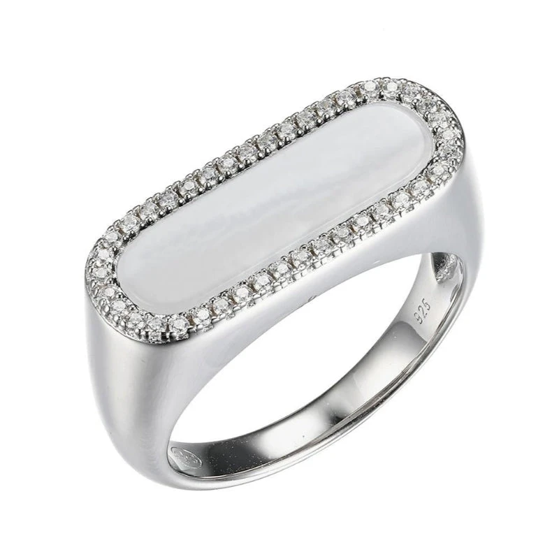 Charles Garnier Charles Garnier Sterling Silver Ring With White Mother Of Pearl (17x5mm) And CZ Size 6 Rhodium Finish
