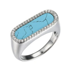 Charles Garnier Charles Garnier Sterling Silver Ring With Synthetic Turquoise (17x5mm) And CZ Size 6 Rhodium Finish
