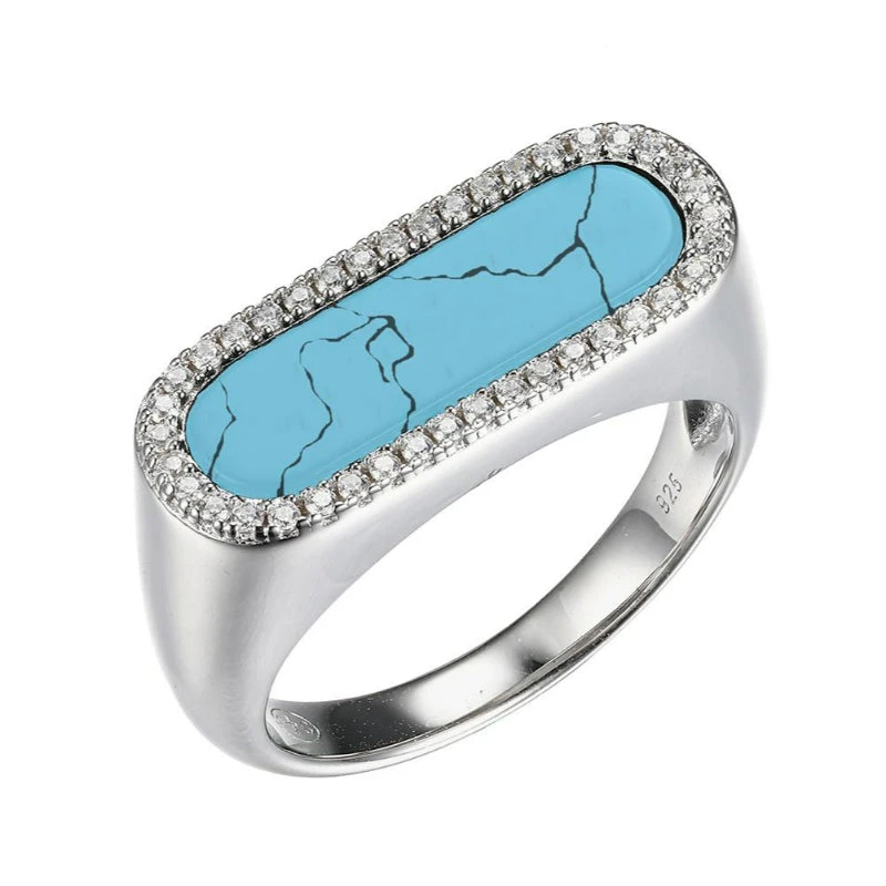 Charles Garnier Charles Garnier Sterling Silver Ring With Synthetic Turquoise (17x5mm) And CZ Size 6 Rhodium Finish