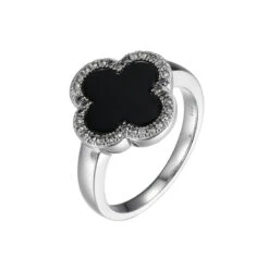 Charles Garnier Charles Garnier Sterling Silver Ring With Black Onyx (Clover Shape 11X11mm) And CZ Size 6 Rhodium Finish