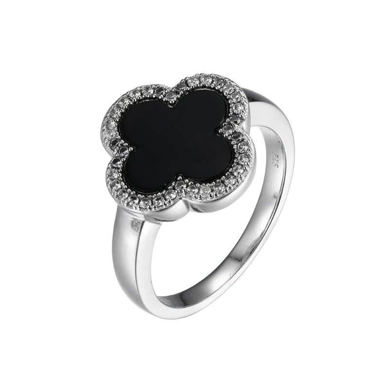 Charles Garnier Charles Garnier Sterling Silver Ring With Black Onyx (Clover Shape 11X11mm) And CZ Size 6 Rhodium Finish