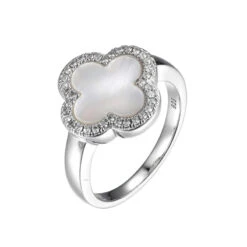 Charles Garnier Charles Garnier Sterling Silver Ring With White Mother Of Pearl (Clover Shape 11X11mm) And CZ Size 7 Rhodium Finish