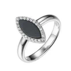 Charles Garnier Charles Garnier Sterling Silver Ring Made With Marquise Shape Black Onyx (11x4.5x1mm) And CZ Size 6 Rhodium Finish