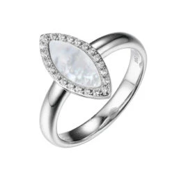 Charles Garnier Charles Garnier Sterling Silver Ring Made With Marquise Shape White Mother Of Pearl (11x4.5x1mm) And CZ Size 6 Rhodium Finish
