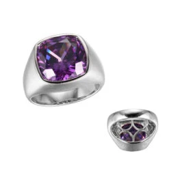 Charles Garnier Charles Garnier Sterling Silver Ring With Amethyst Color CZ (Cushion Shape 12X12mm) Size 6 Rhodium Finish