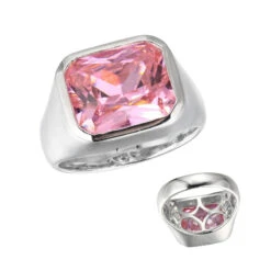 Charles Garnier Charles Garnier Sterling Silver Ring With Pink CZ (Emerald Shape 12X1mm) Size 6 Rhodium Finish